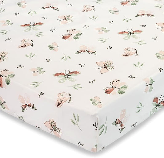 Crane Baby Crib Sheet - 100% Cotton, Breathable Fitted Sheet for Standard Crib Mattress (28"x 52"), Butterfly Pattern for Boys and Girls