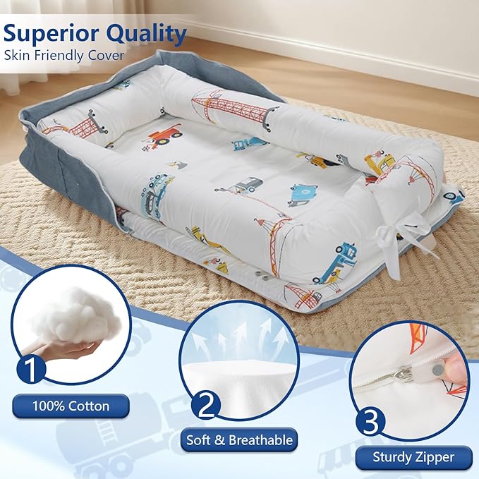 Baby Lounger for Newborn to Toddler 0-24 Months - Portable Infant Lounger with Breathable Cotton, Adjustable Size & Lengthen Space Travel Strap for Home, Outdoor (4.Car)