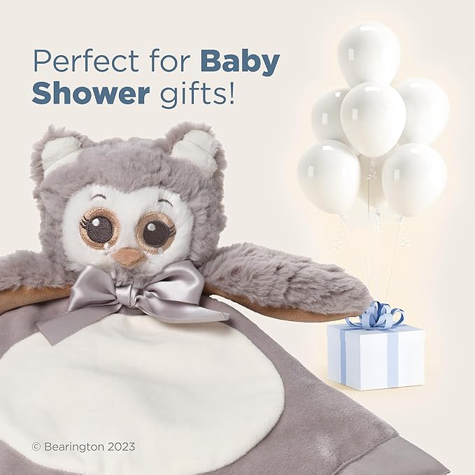 Bearington Collection Owl Plush Stuffed Animal Security Blanket Lovey - 15 in Gray Satin Trim Owl Lovey Blanket - Soft Baby Blankie & Toy for Newborns & Infants