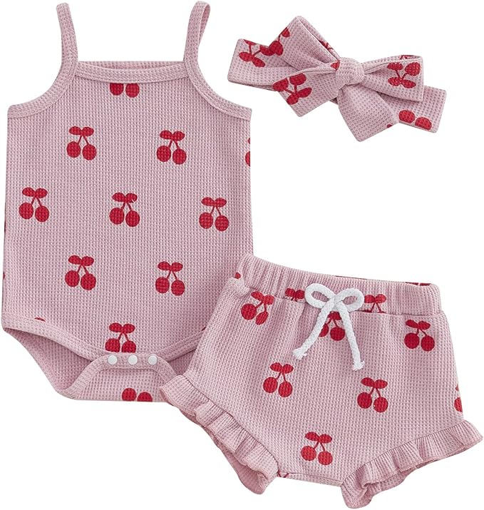 Kaipiclos Cherry Baby Outfit Newborn Infant Girl Clothes Rib Knit Romper & Shorts Waffled Baby Clothes for Girls 0 3 6 12 18M