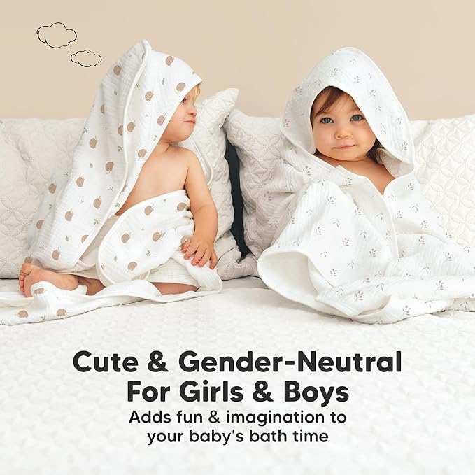 KeaBabies Muslin Baby Bath Towels with Hood for Girls, Boys, Large Organic Cotton Hooded Baby Towels for Newborns, Toddlers, Infant, Kids, Soft Absorbent Newborn Bath Essentials Gift Set (Petunia)