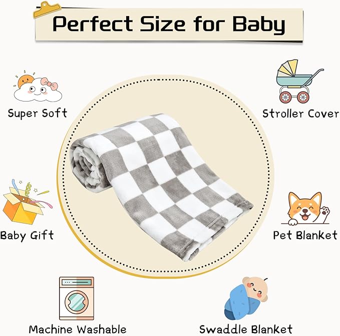 Yurhap Checkered Baby Blanket Fleece Baby Blankets Neutral for Boys Girls, Super Soft Warm Lightweight Infant Toddler Newborn Receiving Gifts for Crib Stroller, 30x40 Inch, Greige