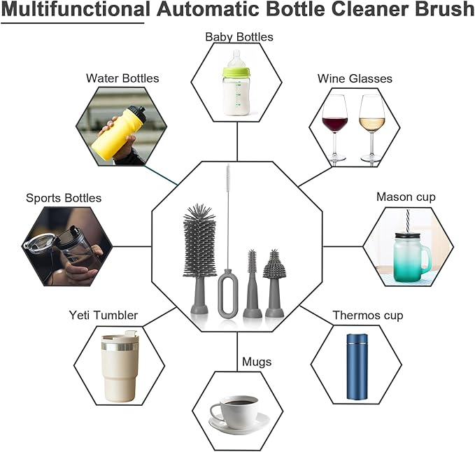 Electric Bottle Brush Set, 360°Automatic Bottle Brush Cleaner with 3 Sizes Replaceable Silicone Bottle Brush and Extension Handle for Long Bottles，Straw Cleaner Brush,IPX65& Rechargeable(Grey)