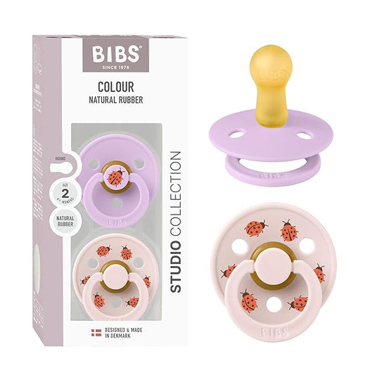BIBS Colour Studio Soother 2-Pack, BPA Free Dummy Pacifier, Round Nipple. Natural Rubber Latex, Made in Denmark, Size 2 (6-18 Months), Violet Sky/Petal