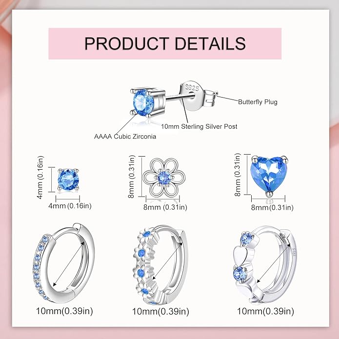 6 Pairs Huggie Hoop Earrings 925 Sterling Silver Stud Sets Cute Heart Hoops Tiny Cubic Zirconia Flower Stud Small Hypoallergenic Cartilage Sleeper Earrings