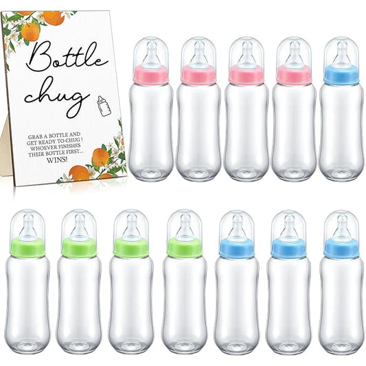 Roowest Bottle Chug Baby Shower Game Favors 12 Pcs Baby Bottles Shower Favor with 1 Wooden Sign for Gender Reveal Party Supplies Gifts(Cutie)