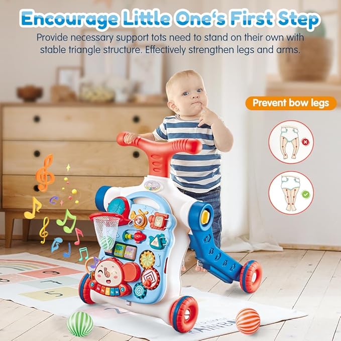 Baby Walker 5 in 1,VATOS Sit-to-Stand Learning Walker,Assemble as Scooter/Balance Bike/Push Walker/Activity Table/Detachable Panel,Push Walkers Toys with Music for Toddlers Infant Boys Girls