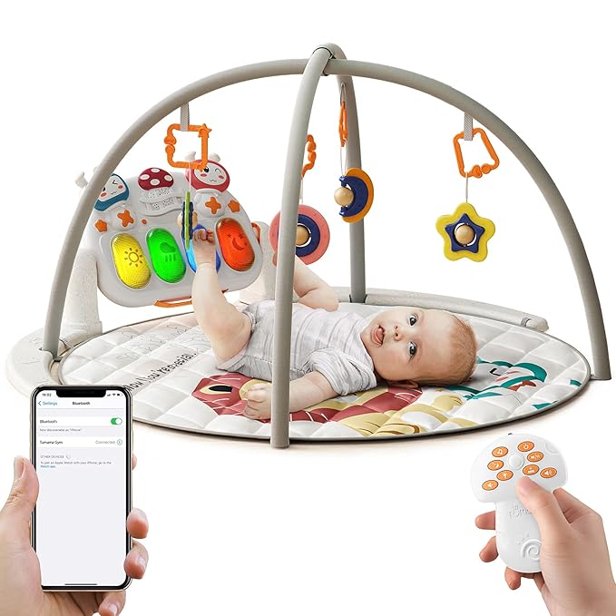 TUMAMA Remote Control Baby Gym Play Mat, Activity Gym with Music and Lights, Detachable Play Piano Gym for Newborn Baby Boys Girls Christmas Holiday Birthday Gifts, Round (Lion)