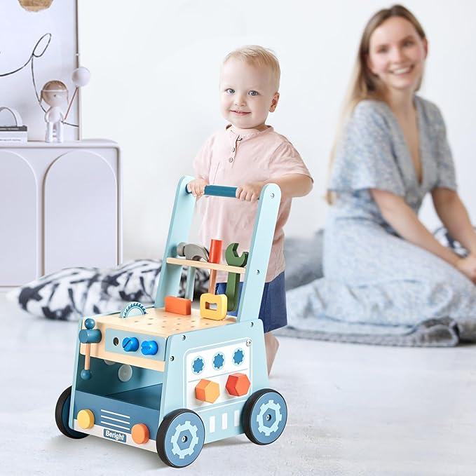 Beright Wooden Baby Push Walker, Wooden Baby Walker and Tool Toy for Toddlers, Kids Tool Bench, Baby Activity Center, Toddler Montessori Educational Toys, Blue