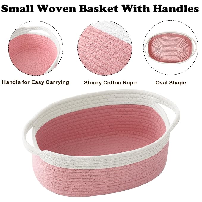 Gift Basket with Gift Bag and Ribbons,Small Rope Woven Shelf Storage,Baskets for Gifts Empty,Birthday,Shower,Decorative Organizer Box for Cat Dog Pet with Handles(White&Pink)