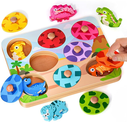 Wooden Puzzles for Toddlers 1-3, Montessori Toys for 1 2 Year Old Boy Birthday Gifts, Dinosaur Matching Eggs Peg Puzzles for Toddlers Age 2-4, Preschool Learning Activities for Girls