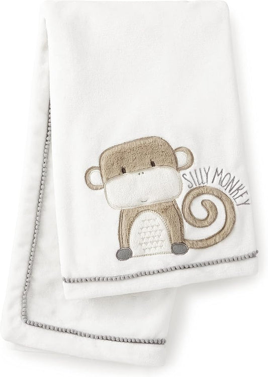 Levtex Baby - Kenya Plush Blanket - Embroidered Monkey - Grey and Taupe - Nursery Accessories - Blanket Size: 30 x 40 in.