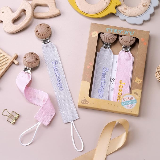 TYRY.HU Personalized Pacifier Clip with Name, Embroidery Webbing Pacifier Holder for Baby Girls and Boys, Neutral Pacifier Leash Universally Fit All Pacifiers & Baby Toys, 2 Pack Baby Gift(Grey, Pink)