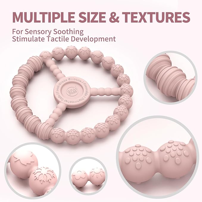 Teething Rings for Babies 0-6 Months, 3 Pack Silicone Teether Toys 6-12 Months, Freezable & Durable Chew Ring for 3-6 Months Boys Girls Teething Relief, Infant Essential Gifts (Sandy Rose Pink)