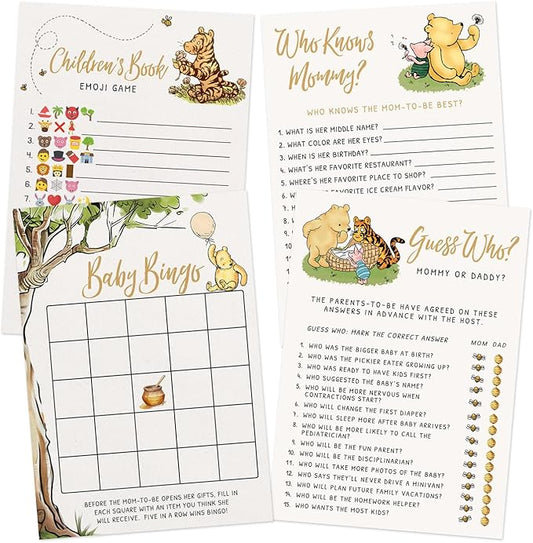 Printed Party Winnie Baby Shower Game Set – 4 Games with Classic Pooh Theme for 30 Guests, Includes Bingo, Mommy Trivia, Emoji Storybook, and Guess Who, Bear Theme for Boy or Girl