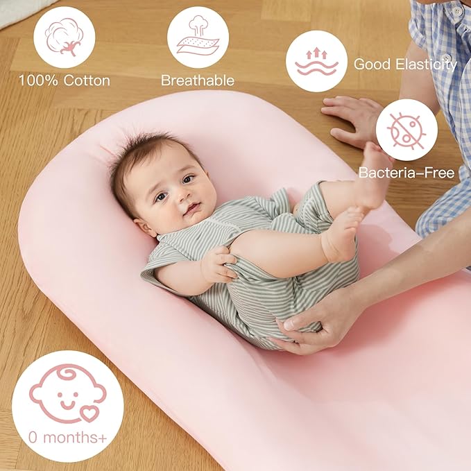 Lucakuins Baby Lounger, Bionic Design Baby Lounger for Newborn 0-24 Months, Soft Organic Cotton Breathable Lounger for Infants (Pink Newborn Lounger)