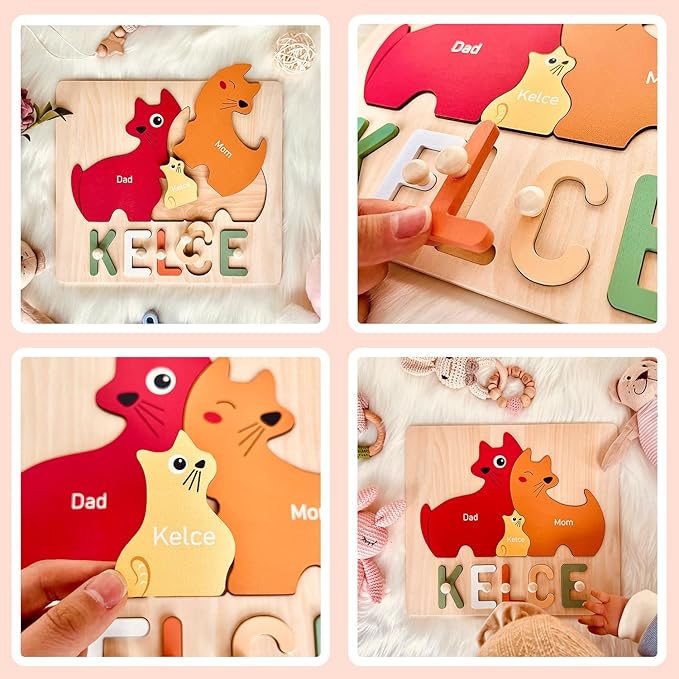 Name Puzzles for Kids Personalized Wooden Name Puzzles for Toddlers 1-3, Personalized Puzzle Cat Family Puzzle for Home Decor, First Birthday Gifts for Boys Girls, Personalized Gifts for Mom Dad Kids