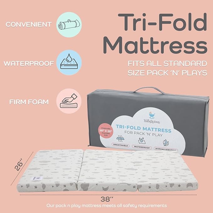 Waterproof Pack and Play Mattress Topper | 38" x 26" x 1.5" | Trifold Style - Breathable Soft Plush Foam - Portable Mattress Topper- Baby Foam Mattresses for Babies