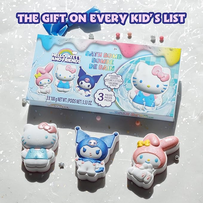 Hello Kitty and Friends Bath Bombs for Kids, Fun Bright Rainbow Colors, Berry Scented for Kids, Ages 3+, by Townley Girl