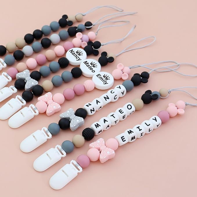 Customized Baby Pacifier Holder Clip with Name, Personalized Name Pacifier Clip for Boys and Girls Fits for Most Pacifiers (Grey)