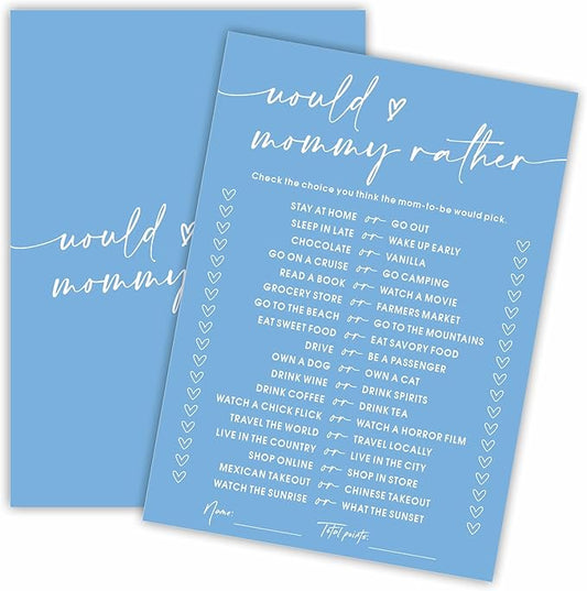 Would Mommy Rather Baby Shower Game Cards - Minimalism Blue - 30 Double-Sided Fill In Style Game Cards For Gender Reveal, Baby Announcement, Party Games & Activity - C06