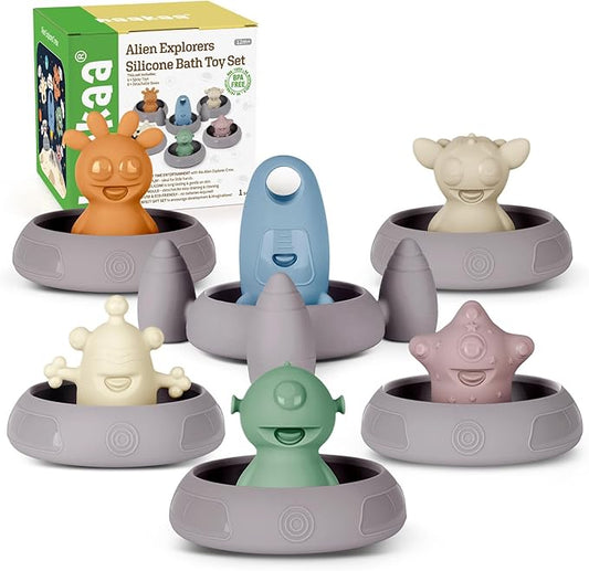 Haakaa Squeeze Alien Explorers Baby Bath Toys, Food Grade Silicone Toddler Bath Toys for Bathtubs/Swimming Pools/Beaches, Detachable Mold Free Floating Tub Toys for Kids Ages 1-3 (Whole Set)