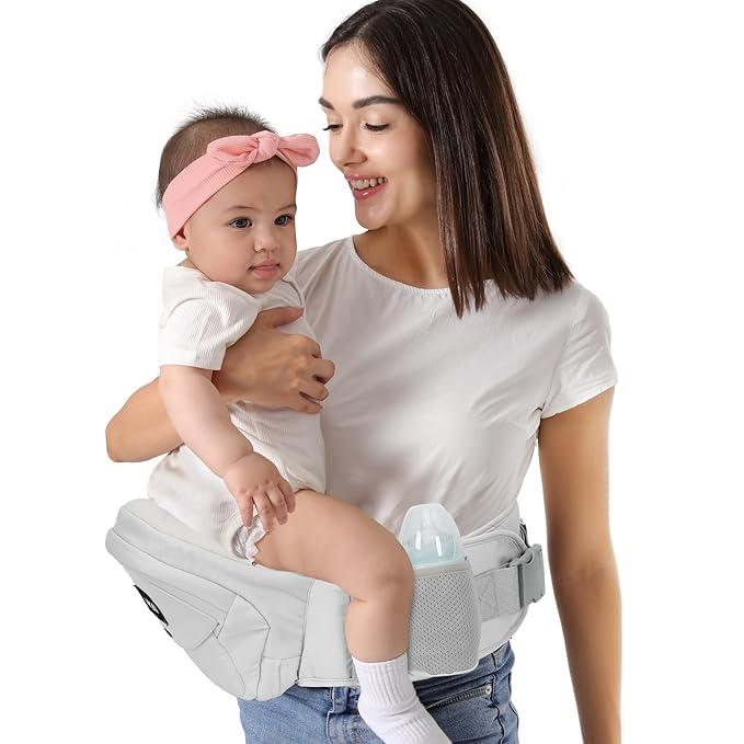 HKAI Baby Hip Carrier, Mom’s Choice Award Winner, Baby Carrier with Adjustable Waistband & Breathable Mesh, Ergonomic Carrier with Non-Slip Hip Seat Surface for Newborns & Toddlers, Light Grey