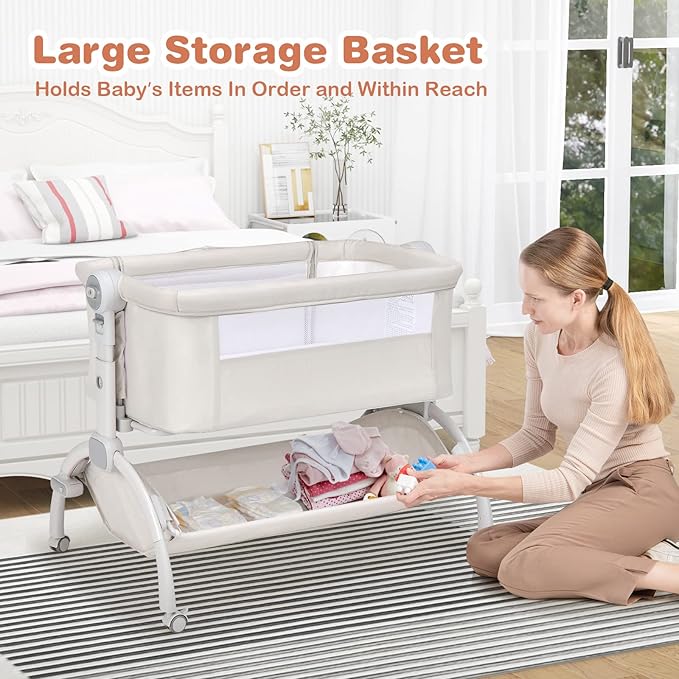 BABY JOY Baby Bassinet, 3-in-1 Rocking Bassinet w/Storage Basket, Double-Lock Design, 7 Adjustable Heights, Soft Mattress & Portable Travel Bag, Bassinet Bedside Sleeper for Newborns Infants (Beige)
