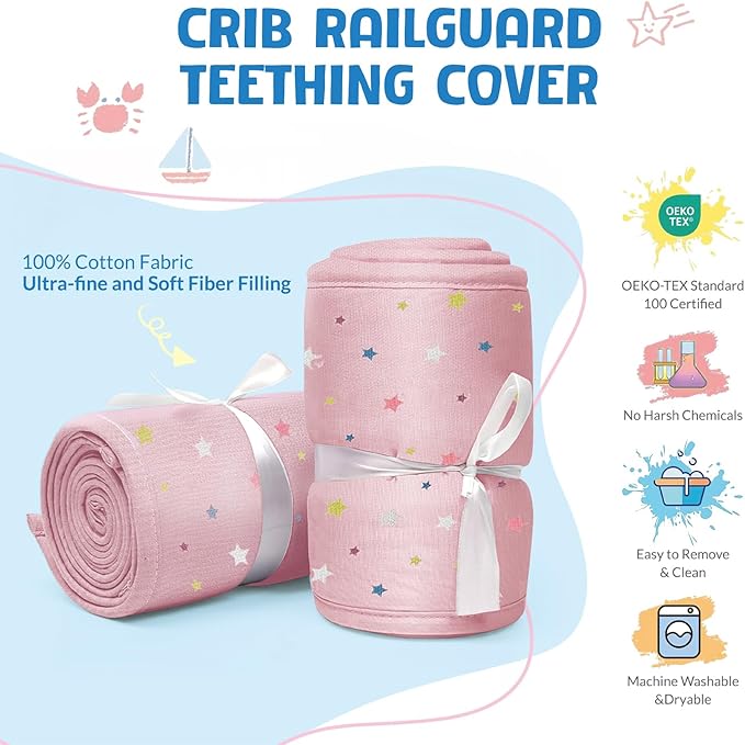 3 in 1 Crib Rail Covers for Teething,Soft Breathable Anti-Collision Crib Teething Rail Cover Edge Protector Strip（2025 New） (Star)