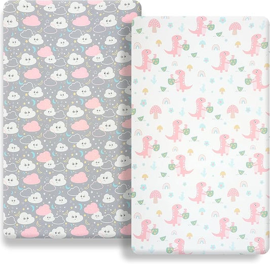 Pack n Play Flat Sheet 2 Piece Mini Crib Sheet Elastic Playard Sheet Set Portable Sheet Set Elastic Convertible Playmat Compatible Graco Pack n Play (Owl and Tree Bag) (Dinosaur Egg)