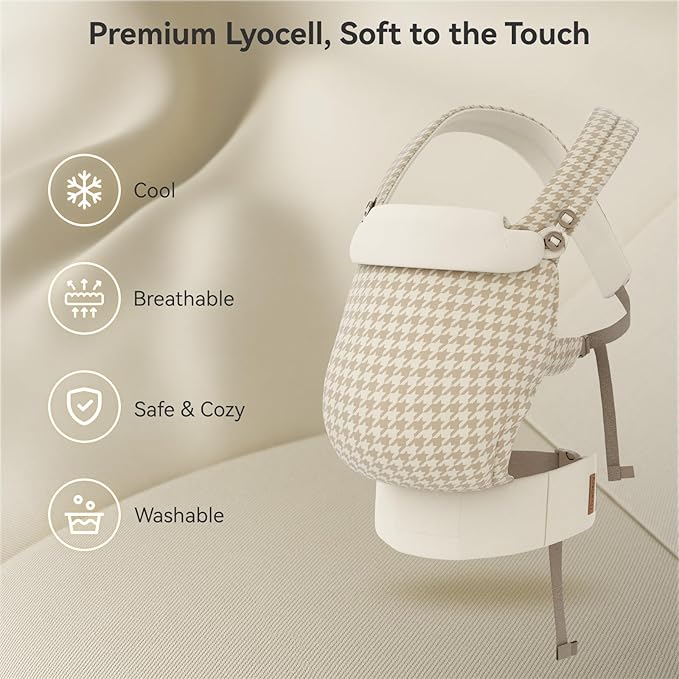 Reversible Baby Carrier, Khaki Solid & Houndstooth; Lightweight, Cooling & Breathable Lyocell Fabric; Ergonomic Lumbar Support and Quick Hands-Free Wear for Newborn to Toddler (7–44 lbs)