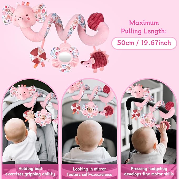 Hanging Car Seat Toys, Spiral Crib & Stroller Activity Toys with Rattles for Babies 0-6 Months, Baby Car Seat Accessories Toy for Developing Sensory & Motor Skills, Ideal Gift for Newborn Infant
