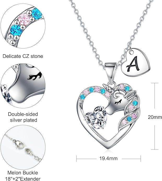 Unicorn Necklace Gifts for Girls Kids - Colorful CZ Heart Initial Necklaces Unicorn Necklace for Girls Jewelry Birthday Gifts for Little Girl Kids