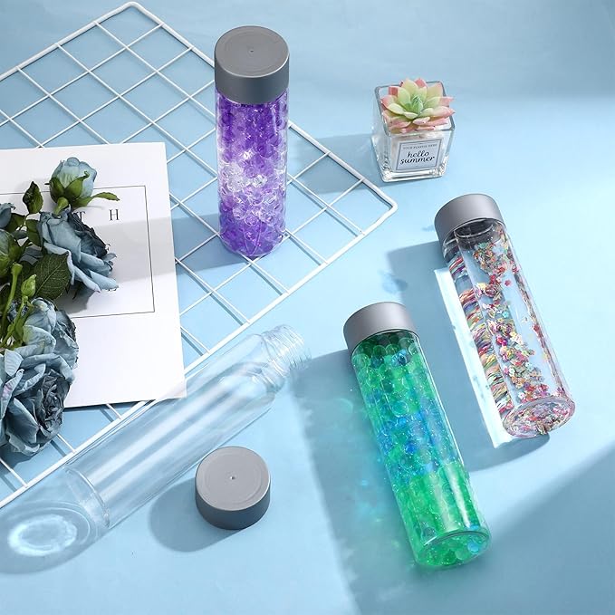 Hoolerry 16 Pcs Empty Plastic Sensory Bottles with Lids Reusable Clear Plastic Sensory Water Bottles for DIY Crafts Classroom Handmade Party Decoration(Grey,13.5 oz)