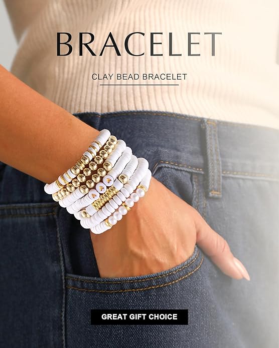 Friendship Bracelets Trendy Heishi Clay Bead Bracelets Stack Gold Beaded Stretch Bracelets for Women Boho Stackable Bracelets Bulk Cute Preppy Jewelry