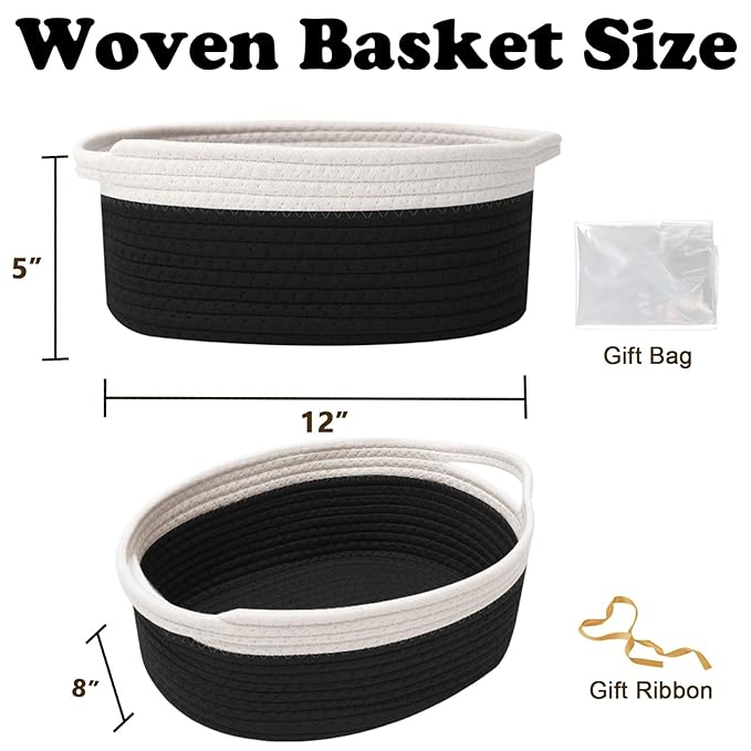 Gift Basket with Gift Bag and Ribbons,Small Rope Woven Shelf Storage,Baskets for Gifts Empty,Birthday,Shower,Decorative Organizer Box for Cat Dog Pet with Handles(White&Black)