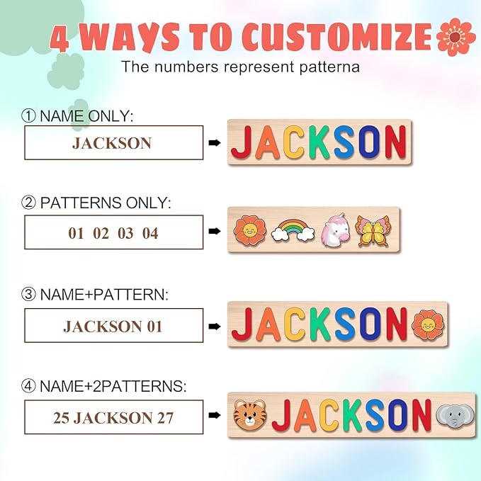 Name Puzzles for Toddlers 1-3, Personalized Wooden Name Puzzle, Custom Baby Birthday, Baby Montessori Learning Toys for 1-3 Year Old