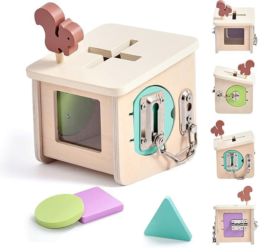 IEATFO Wooden Lock Box STEM Learning Toys for Kids - Montessori Puzzle Cube with 3 Types of Locks (Hook/Chain/Sliding Bolt), Shape Sorting - Early Educational Fine Motor Skills for Boys & Girls