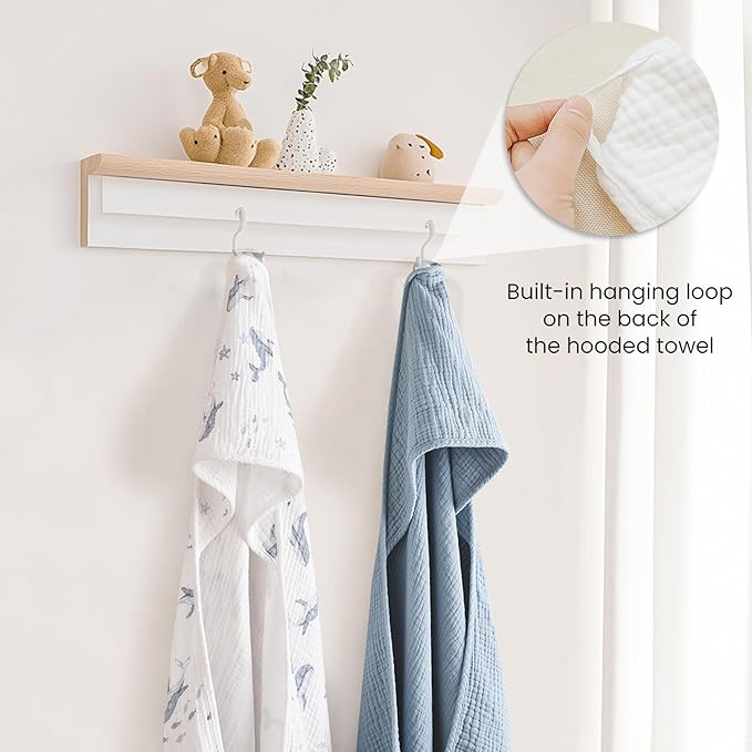 Konssy 2-Pack Muslin Hooded Baby Towels, 100% Cotton, Ultra-Soft & Absorbent Baby Bath Towels with Hood for Newborn & Infant (Blue, Blue Whale, 30'' x 30'')