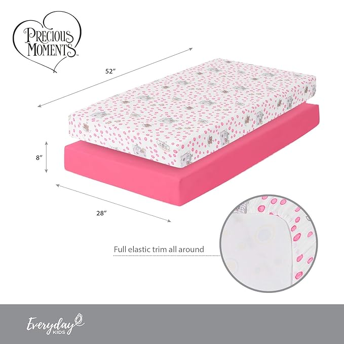 Precious Moments Noah’s Ark Fitted Crib Sheet 2 Pack for Baby Girl by Everyday Kids; 1 Animals on the Ark Printed Crib Sheet and 1 Solid Bright Pink; Adorable Wildlife Elephants, Giraffes, Bears Print