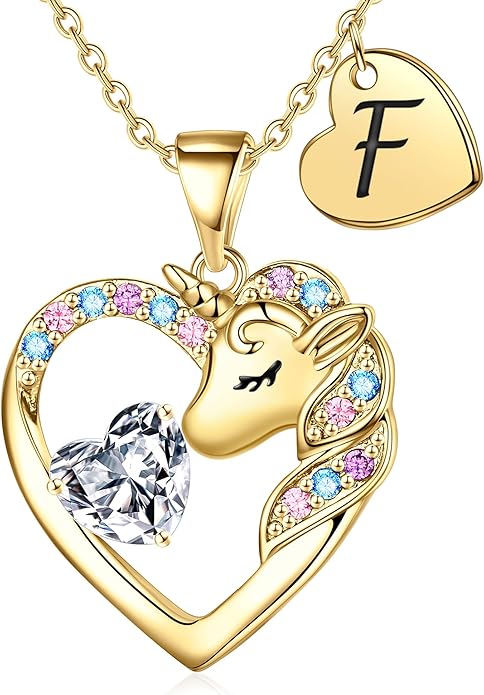 Unicorn Necklace Gifts for Girls Kids - Colorful CZ Heart Initial Necklaces Unicorn Necklace for Girls Jewelry Birthday Gifts for Little Girl Kids