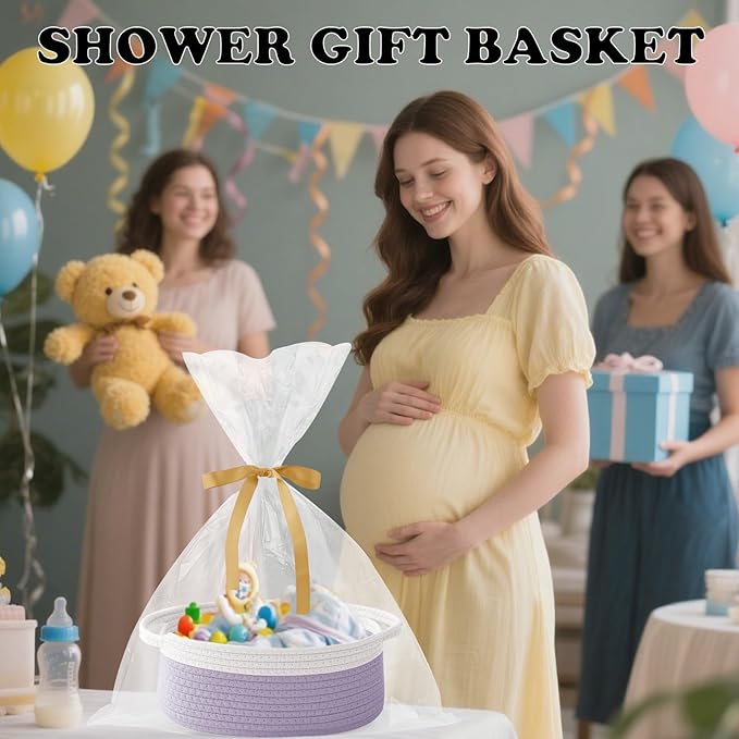 Gift Basket with Gift Bag and Ribbons,Small Rope Woven Shelf Storage,Baskets for Gifts Empty,Birthday,Shower,Decorative Organizer Box for Cat Dog Pet with Handles(White&Purple)
