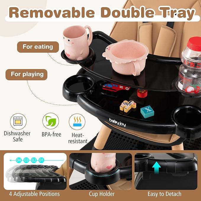 BABY JOY 6 in 1 High Chair, Convertible High Chairs for Babies and Toddlers/Booster Seat/Table and Chair Set, Infant Wooden Highchair w/ 5-Point Harness, 4-Position Removable Tray & PU Cushion, Coffee
