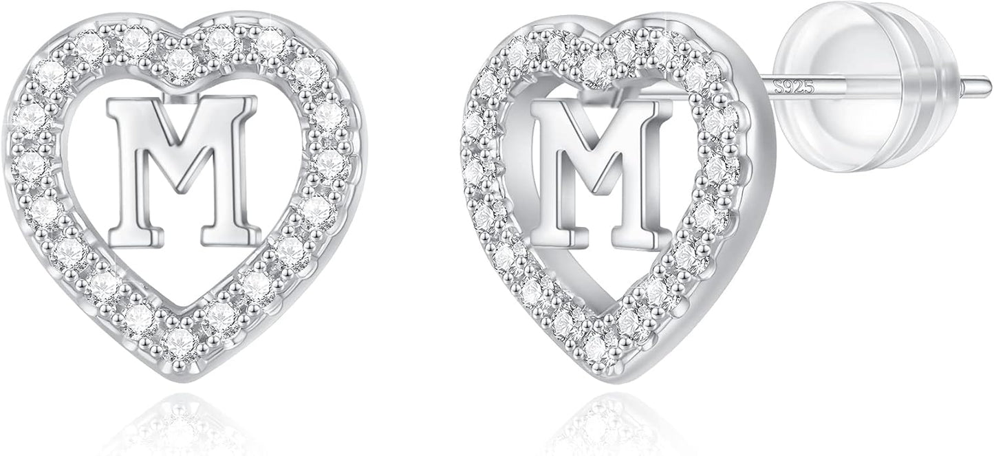 Initial Heart Earrings for Girls, Sterling Silver Post Silver/Rose Gold Heart Initial Stud Earrings for Little Girls Kids Baby Earrings Non Tarnish Hypoallergenic Earrings for Teen Girls Gifts Jewelry