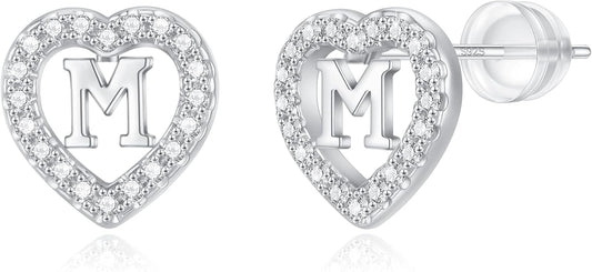 Initial Heart Earrings for Girls, Sterling Silver Post Silver/Rose Gold Heart Initial Stud Earrings for Little Girls Kids Baby Earrings Non Tarnish Hypoallergenic Earrings for Teen Girls Gifts Jewelry