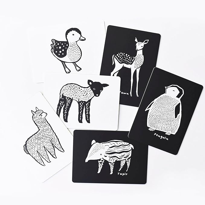 Wee Gallery Art Cards for Baby, Durable High Contrast Black and White Animal Flashcards for Newborns, Brain Development, Sensory Toys, Tummy Time Essentials for Infant and Toddler - Baby Animals