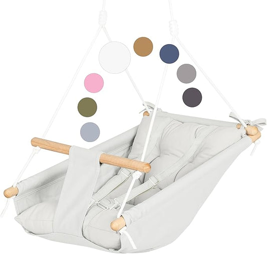 CaTeam Canvas Toddler Swing – Indoor/Outdoor Hanging Chair for Patio & Playroom with Safety Belt – Wooden Baby Seat for Ages 12+ Months – Ivory