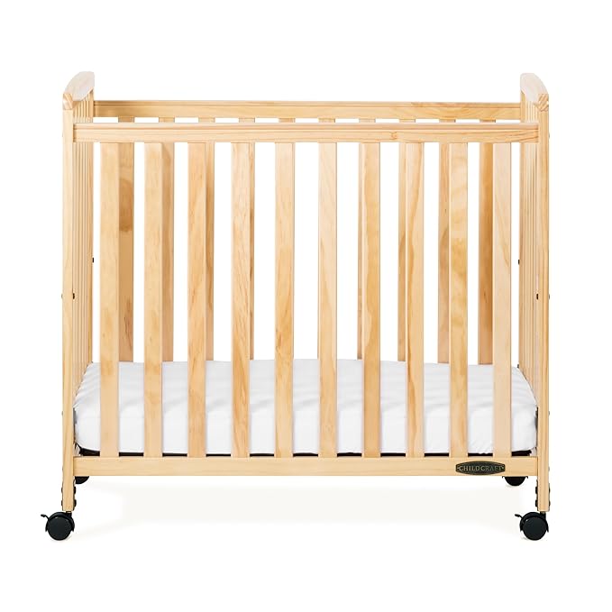 Child Craft Bristol Professional Series Wooden Compact Portable Crib with 3" Mattress and Ultra-Quiet Casters, Durable Wood Construction, Easy Maneuverability (Natural)