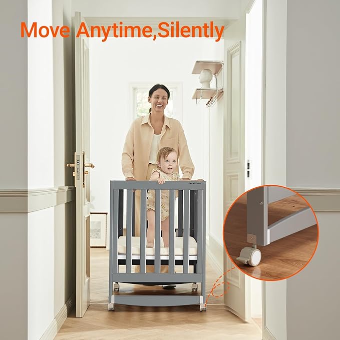 EvoNest Baby Crib, 6 in 1 Convertible Mini Crib with Wheels, 100% New Zealand Wood Growing Bed, 4 Adjustable Mattress Height，Grey