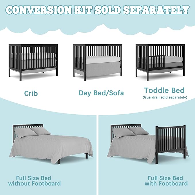 Baby Crib 5-in-1 Convertible, Wood Full Size Toddler Bed for Small Baby, Made of Sustainable Natural Pinewood Cribs, Non-Toxic Finish, Simplistic Nursery Furniture (Black)